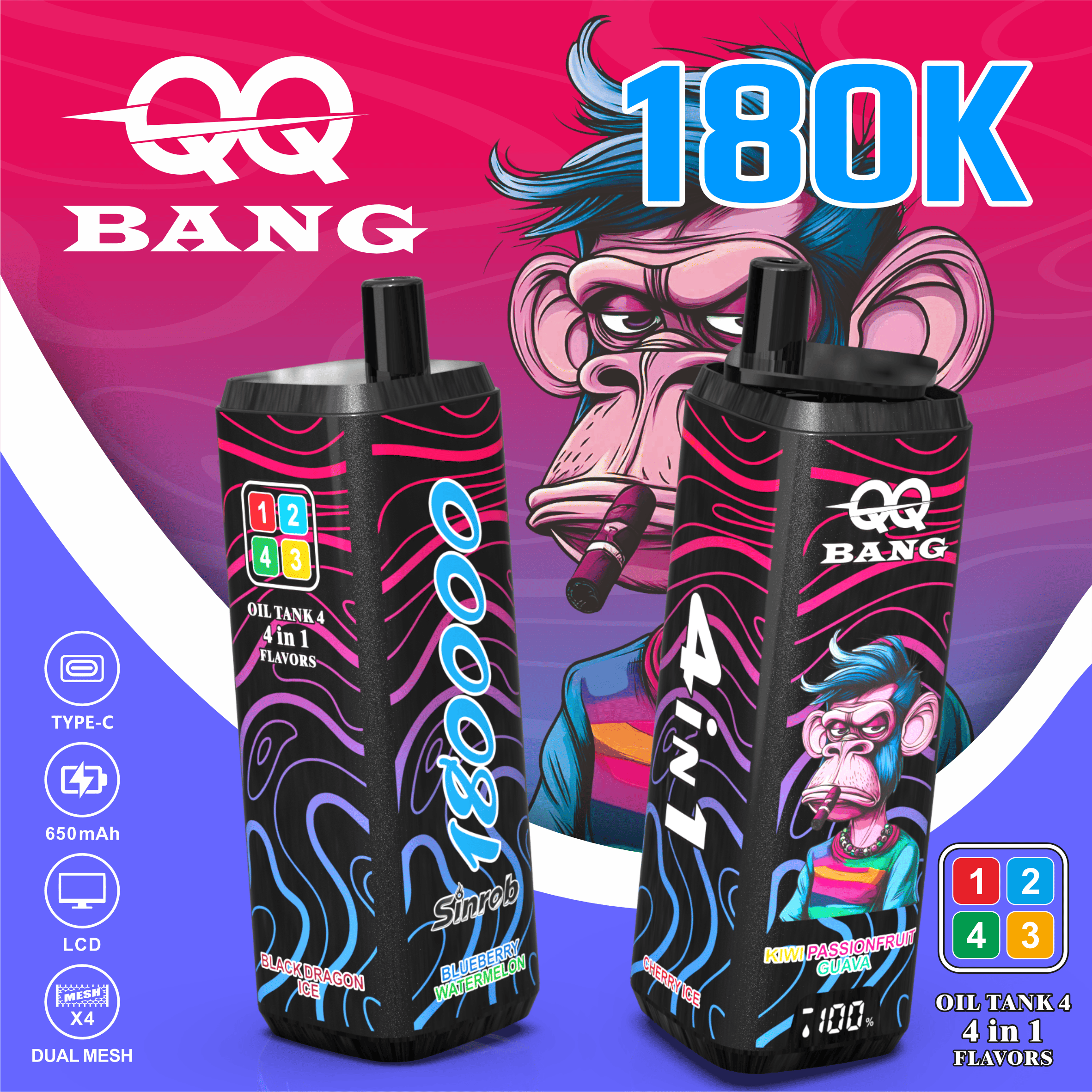 QQ Bang 180K Puffs - jednorazowy vape 4 w 1 z LCD Display - wariant VapePurchase qq bang 180000 180k puffs blueberry watermelon cherry ice kiwi passionfruit guava black dragon ice