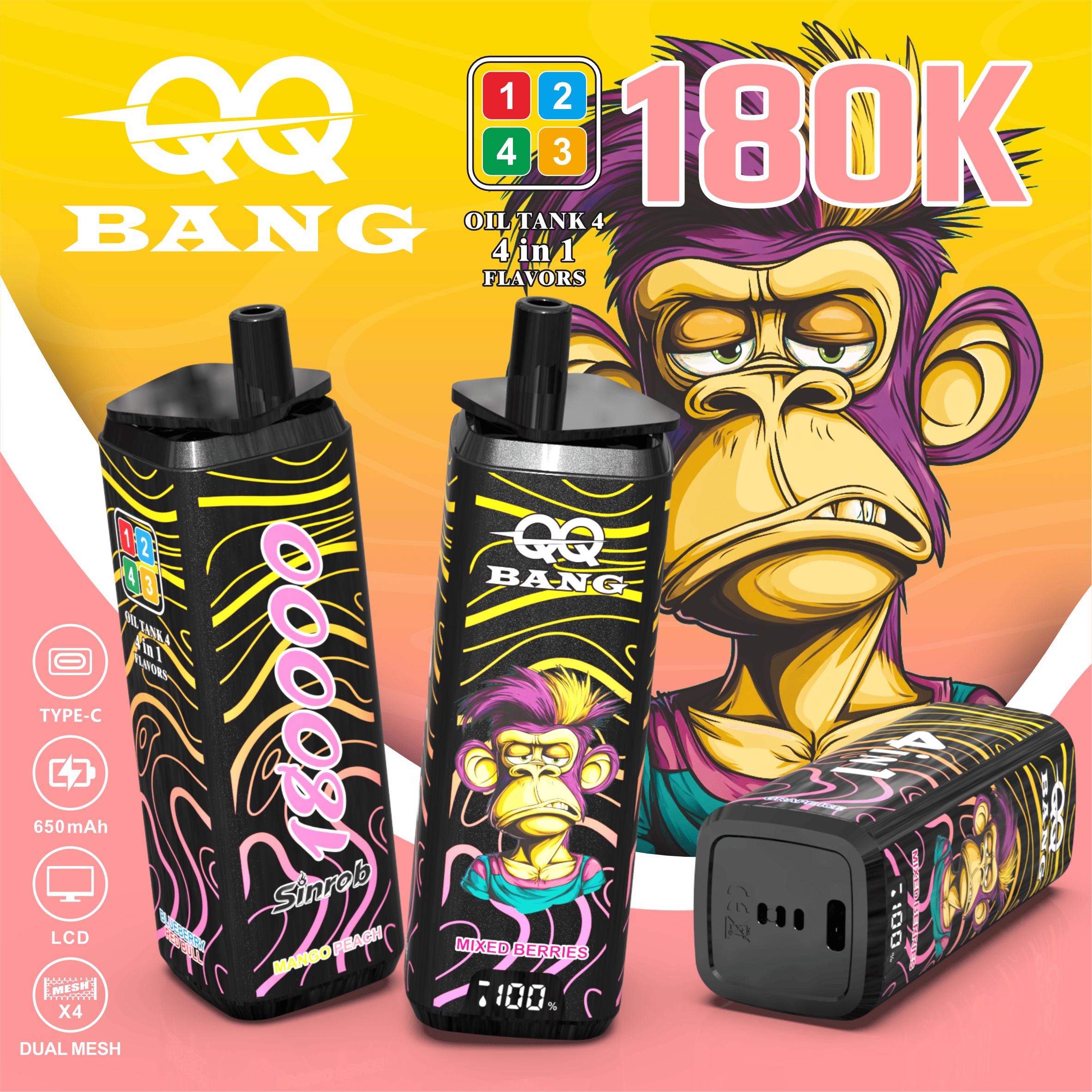 QQ Bang 180K Puffs - jednorazowy vape 4 w 1 z LCD Display - wariant VapePurchase qq bang 180000 180k puffs mango peach grape ice mixed berries blueberry red bull