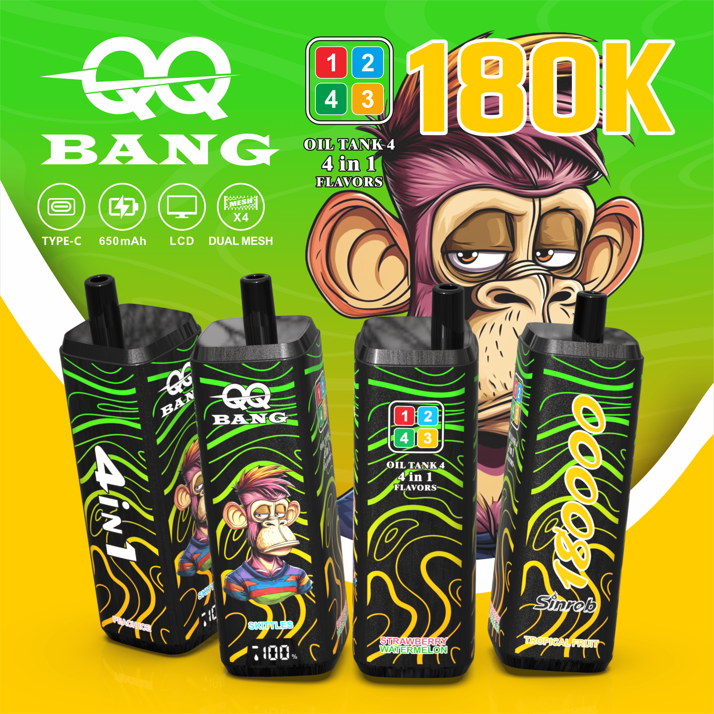 QQ Bang 180K Puffs - jednorazowy vape 4 w 1 z LCD Display - wariant VapePurchase qq bang 180000 180k puffs tropical fruit peach ice skittles strawberry watermelon